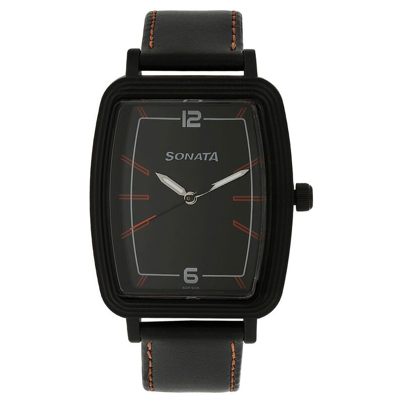 Sonata Quartz Analog Black Dial Leather Strap Watch for Men