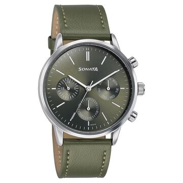 Sonata Quartz Multifunction Green Dial Green Leather Strap Watch For Men