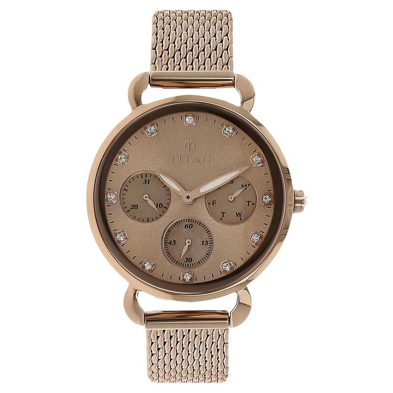 Titan Quartz Multifunction Rose Gold Dial Stainless Steel Strap Watch for Women