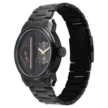 Fastrack Pulse IV Dual Time Analog Watch with Black Dial & Black Stainless Steel Strap For Guys