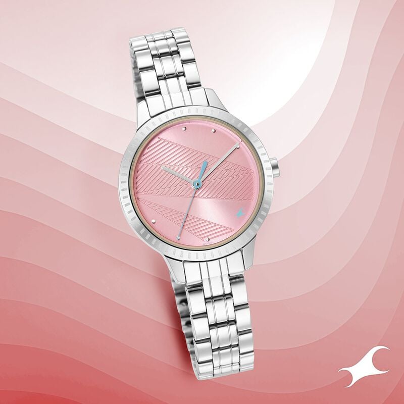 Fastrack Stunners Quartz Analog Pink Dial Metal Strap Watch for Girls
