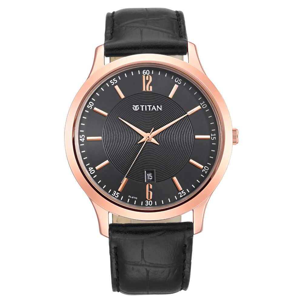 Buy Online Titan Quartz Analog with Date Black Dial Leather Strap
