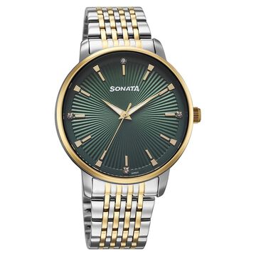 Sonata Eternia Quartz Analog Green Dial Metal Strap Watch For Men