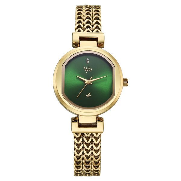 Vyb Seeker By Fastrack Quartz Analog Green Dial Golden Stainless Steel Strap Watch For Girls - image number 1