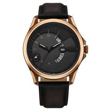 Fastrack Groove Quartz Analog with Date Grey Dial Black Leather Strap Watch For Guys