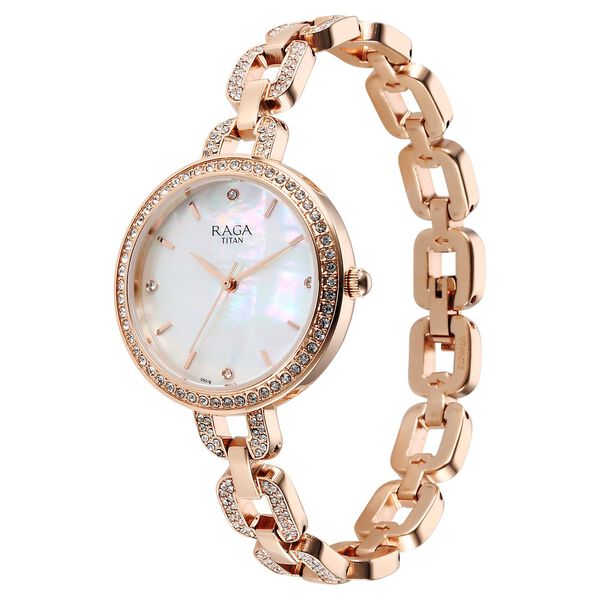 Titan Raga Showstopper Quartz Analog Mother Of Pearl Dial Rose Gold Metal Strap Watch For Women - image number 2