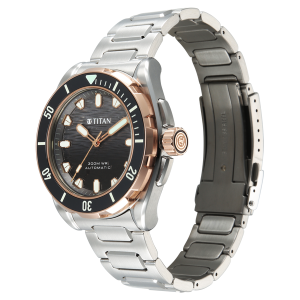 Titan Zero Hour Diver's 300m Automatic Analog with Black Dial Silver Stainless Steel & Black FKM Strap Watch for Men - image number 4