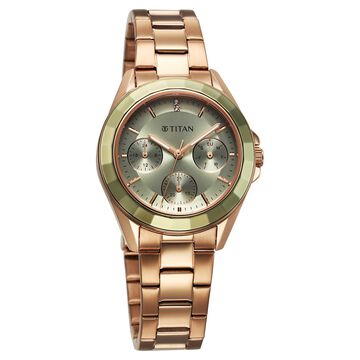 Titan Glamour Quartz Multifunction Green Dial Rose Gold Stainless Steel Strap Watch For Women
