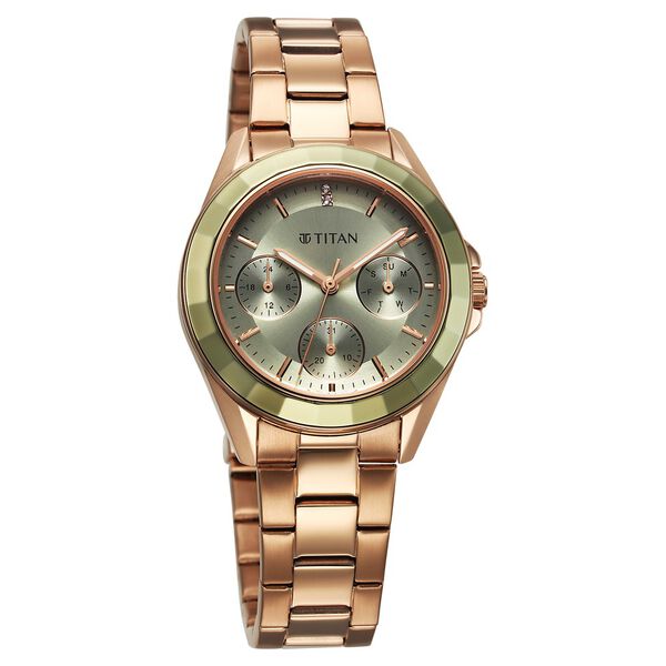 Titan Glamour Quartz Multifunction Green Dial Rose Gold Stainless Steel Strap Watch For Women - image number 1