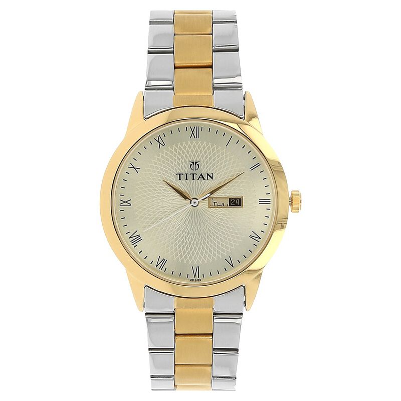 Titan Quartz Analog with Day and Date Champagne Dial Stainless Steel Strap Watch for Men