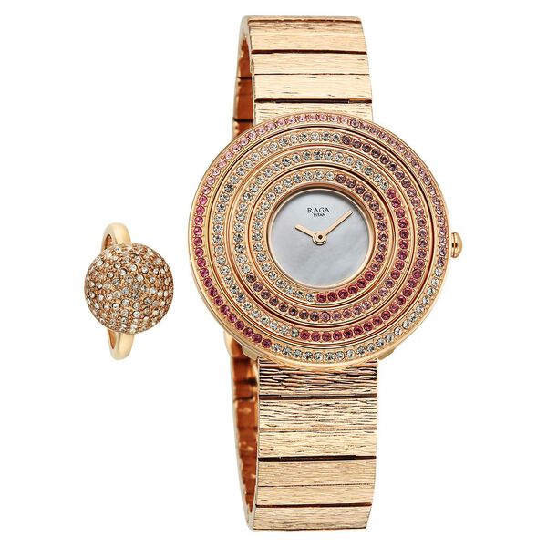 Titan Raga Glimmers Quartz Analog Mother of Pearl Dial Rose Gold Metal Strap Watch For Women - image number 0