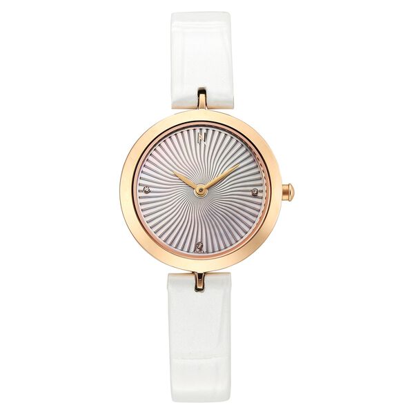 Titan Nebula Lotus 18 KT Gold Quartz Analog Mother Of Pearl Dial White Leather Strap Watch For Women - image number 0