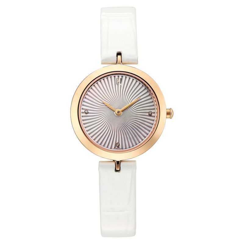 Titan Nebula Lotus 18 KT Gold Quartz Analog Mother Of Pearl Dial White Leather Strap Watch For Women
