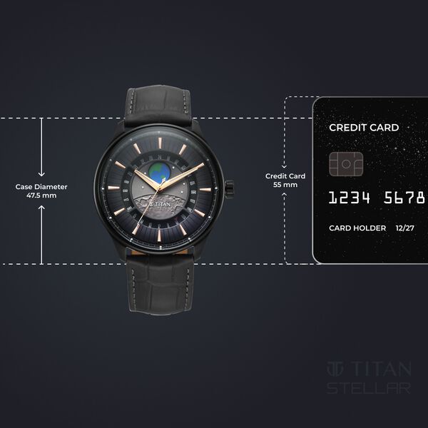 Titan Stellar Analog with Earth Disc and Gray Dial Gray Leather Strap Watch for Men - image number 3