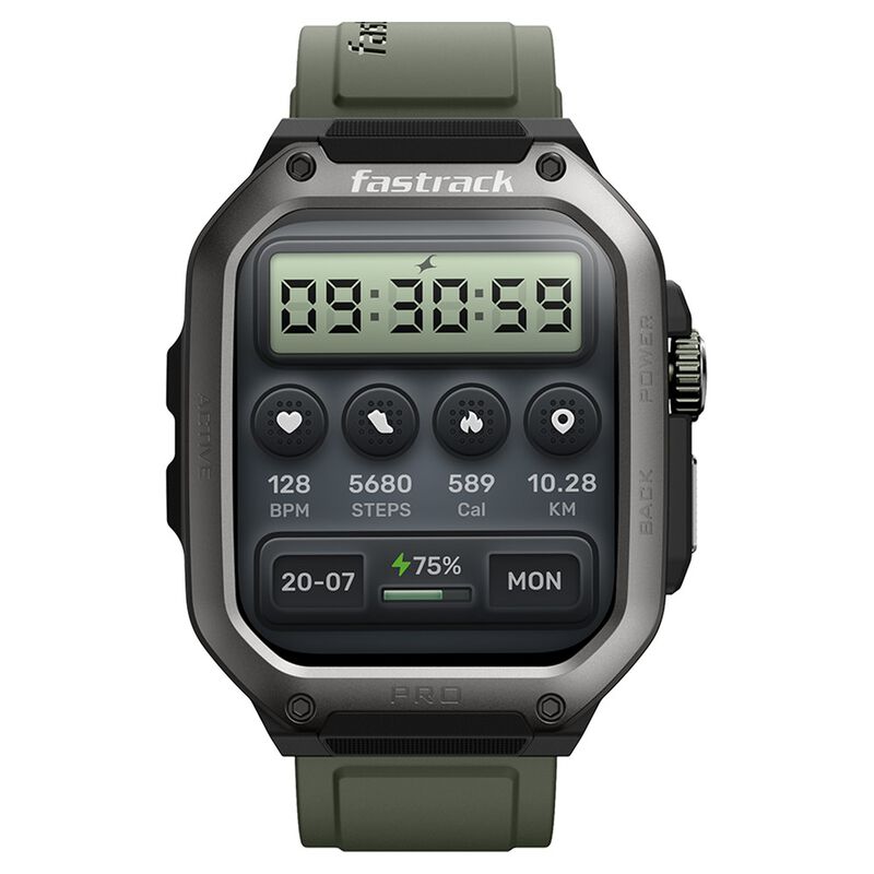 Fastrack Active Pro with 4.69 cm AMOLED Display and AOD, Functional Crown, BT Calling Rugged Smartwatch with Green Strap