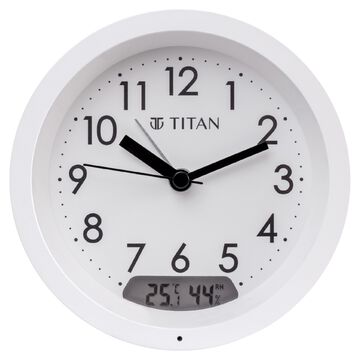 Titan Alarm Clock - Analog Round Table Clock With Digital Lcd Screen For Temperature Humidity, White Dial And Case