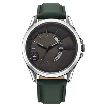 Fastrack Groove Quartz Analog with Date Grey Dial Green Leather Strap Watch For Guys