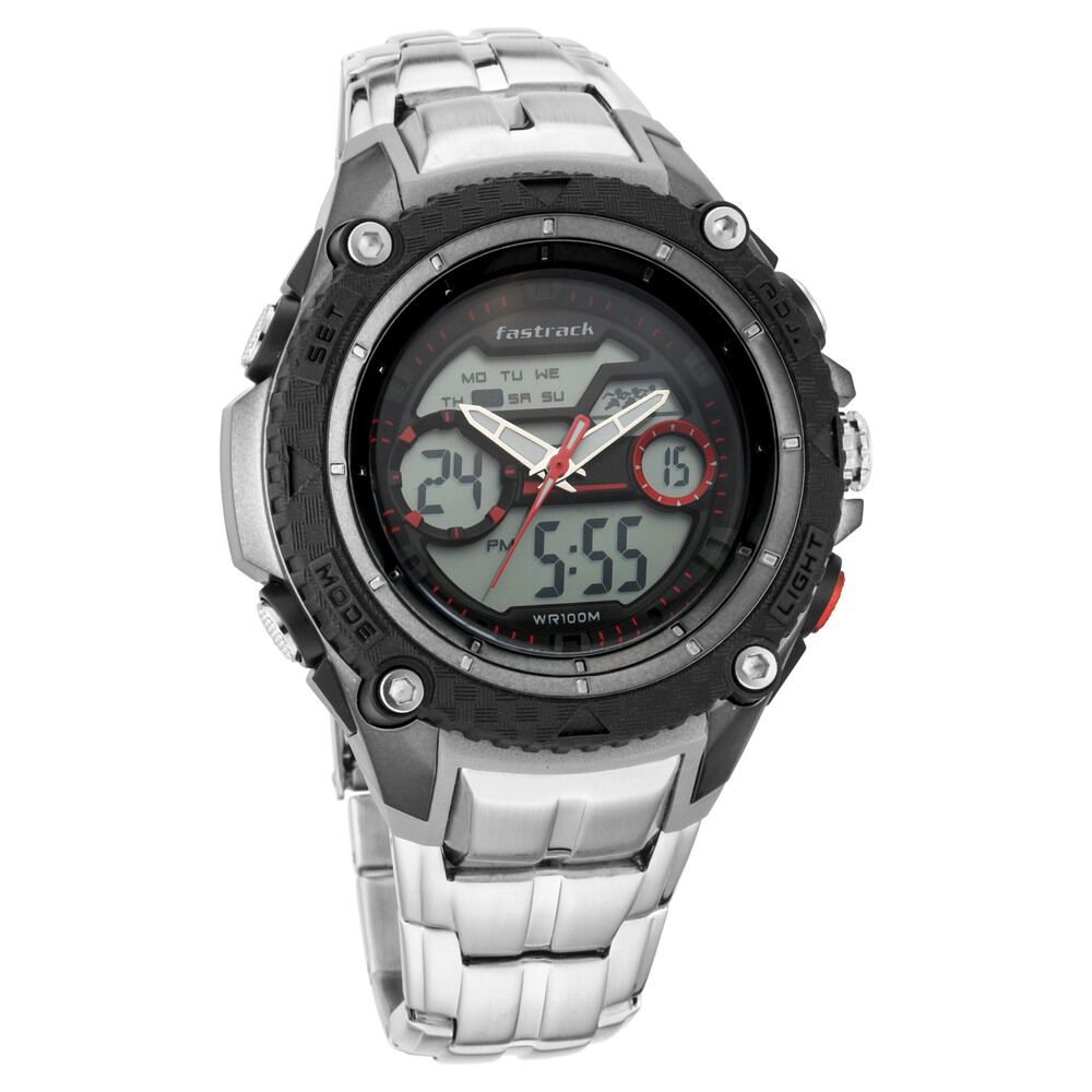 Buy Online Fastrack Deux Machina Quartz Analog Digital Red Dial Stainless Steel Strap Watch for Guys 38053pm02 p Titan