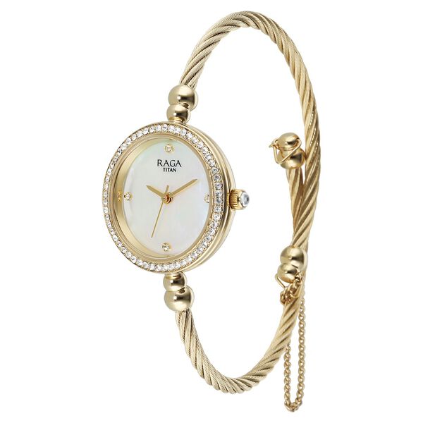 Titan Raga Spotlight Quartz Analog White Dial Golden Metal Strap Watch For Women - image number 2