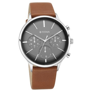 Titan Light Leathers Multifunction Black Dial Brown Leather Strap Watch For Men