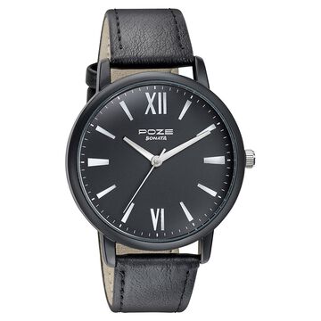 Sonata Poze Quartz Analog Black Dial Leather Strap Watch for Men