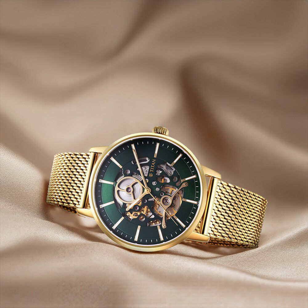Buy Online Titan Mechanical Slimline Green Dial Golden Mesh Strap