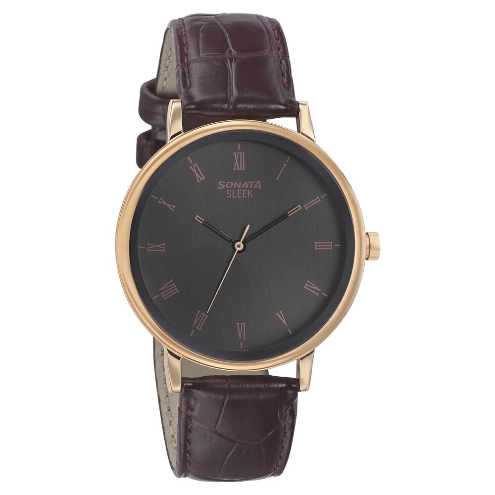 Buy Online Sonata Quartz Analog Silver Dial Leather Strap Watch
