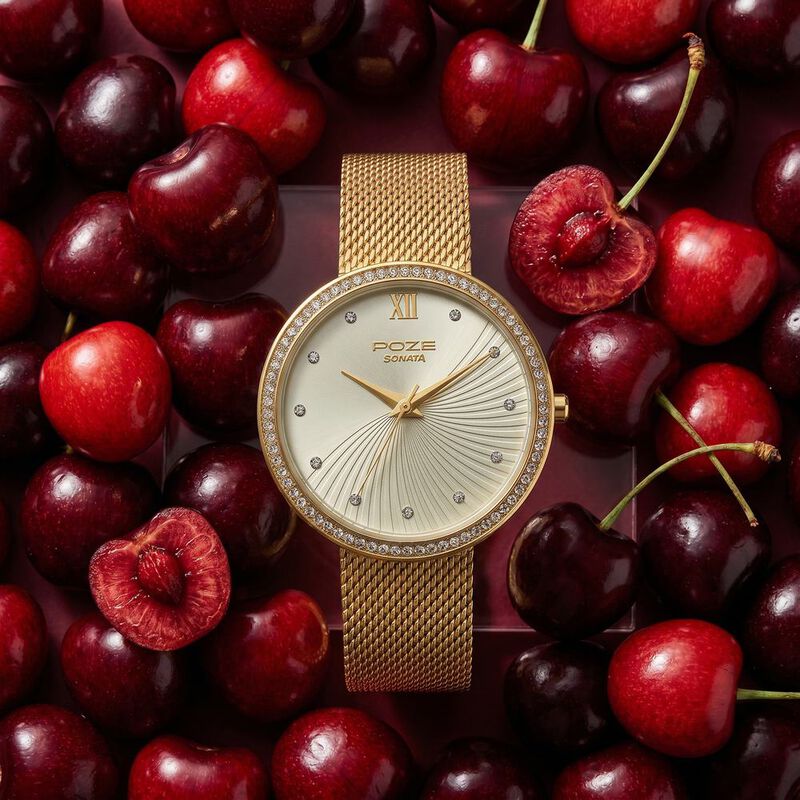 Poze By Sonata Quartz Analog Golden Dial Golden Metal Strap Watch For Women