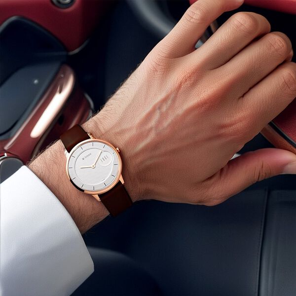Titan Edge Quartz Analog White Dial Brown Leather Strap Watch For Men - image number 3