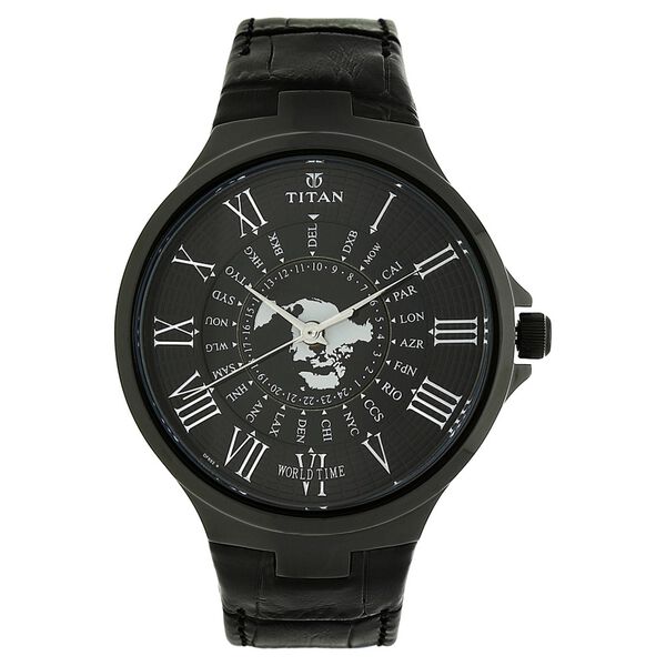 Titan Globe Trotter Black Dial World Time Leather Strap watch for Men - image number 0