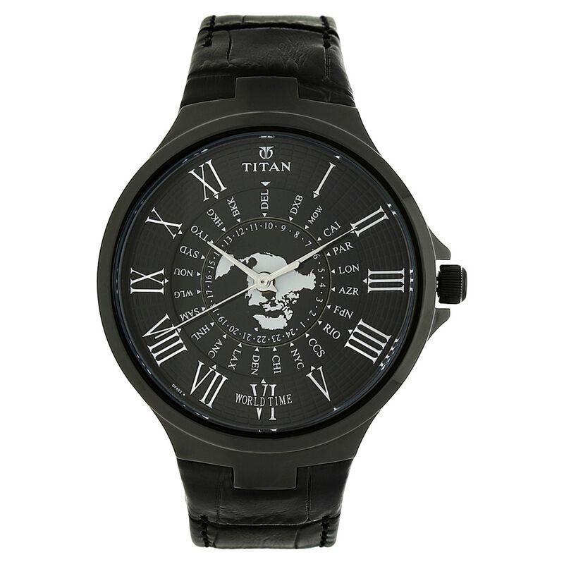Titan Globe Trotter Black Dial World Time Leather Strap watch for Men