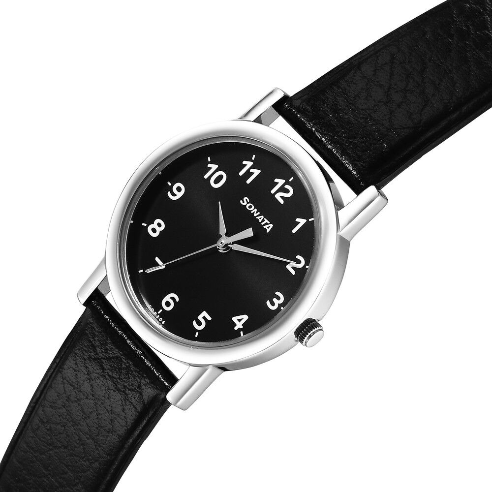 Buy Online Sonata Classic Quartz Analog Black Dial Black Leather Strap Watch for Men ns7987sl05w Titan