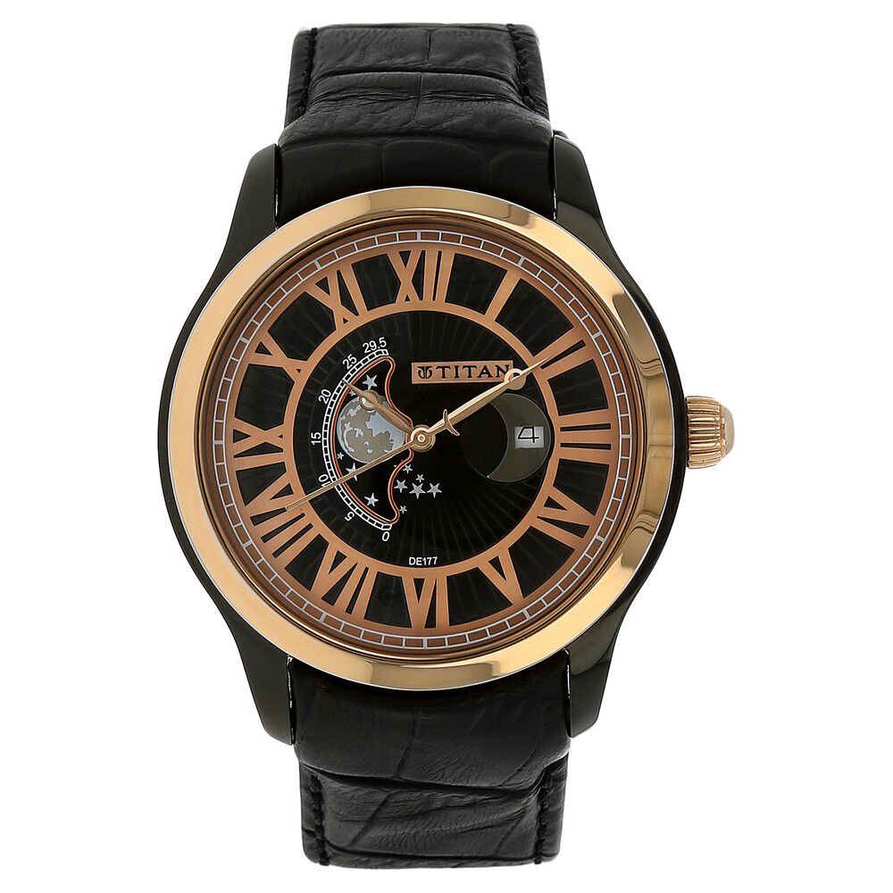 Buy Online Titan Moonphase Black Dial Leather Strap watch for Men 1663kl02 Titan