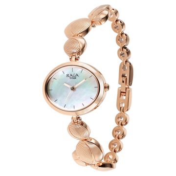 Titan Raga Power Pearls Quartz Analog Mother of Pearl Round Shaped Dial Rose Gold Metal Strap Watch For Women