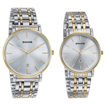 Sonata Wedding Edit Quartz Analog with Date Silver Dial Stainless Steel Strap Watch For Pair