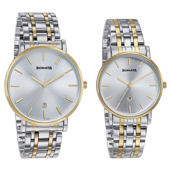Sonata Wedding Edit Quartz Analog with Date Silver Dial Stainless Steel Strap Watch For Pair - image number 2