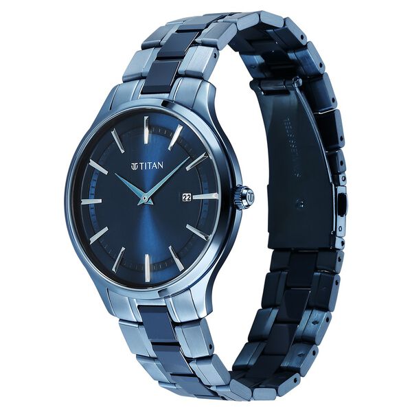 Titan Slim Ceramic Fusion Quartz Analog with Date Blue Dial Stainless Steel Strap Watch For Men - image number 2