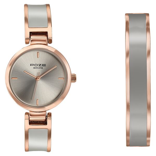 Sonata Poze Quartz Analog Grey Dial Two Toned Kada Strap Watch For Women - image number 1