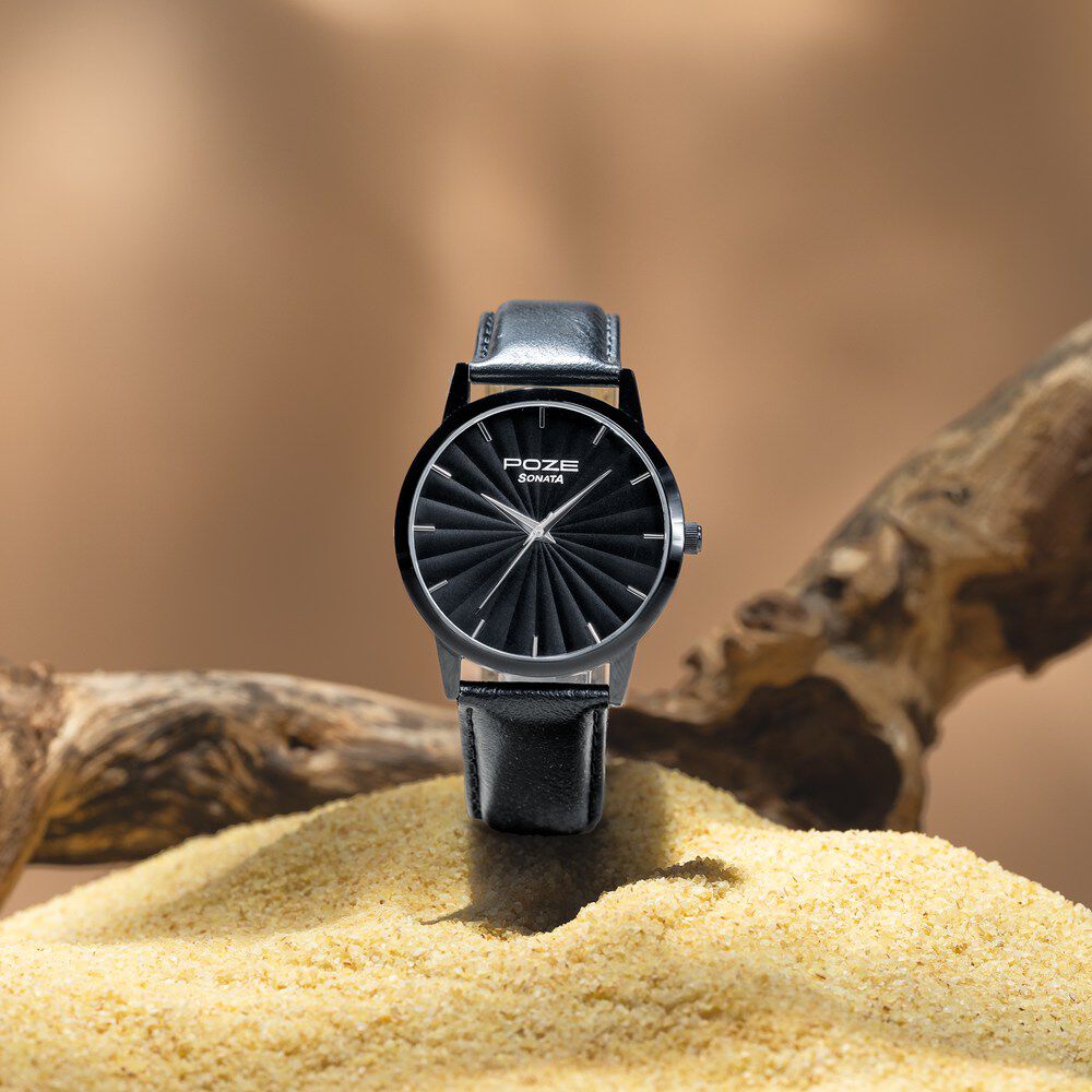 Sonata Poze Quartz Analog Black Dial Leather Strap Watch For Men-image-24