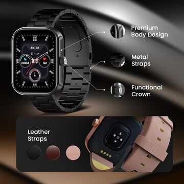 Titan Mirage with 4.97 cm AMOLED Display and AOD, Functional Crown, BT Calling Smartwatch with Black Leather Strap