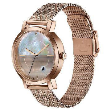 Fastrack Style Up Quartz Analog Mother Of Pearl Dial Rose Gold Stainless Steel Strap Watch For Girls
