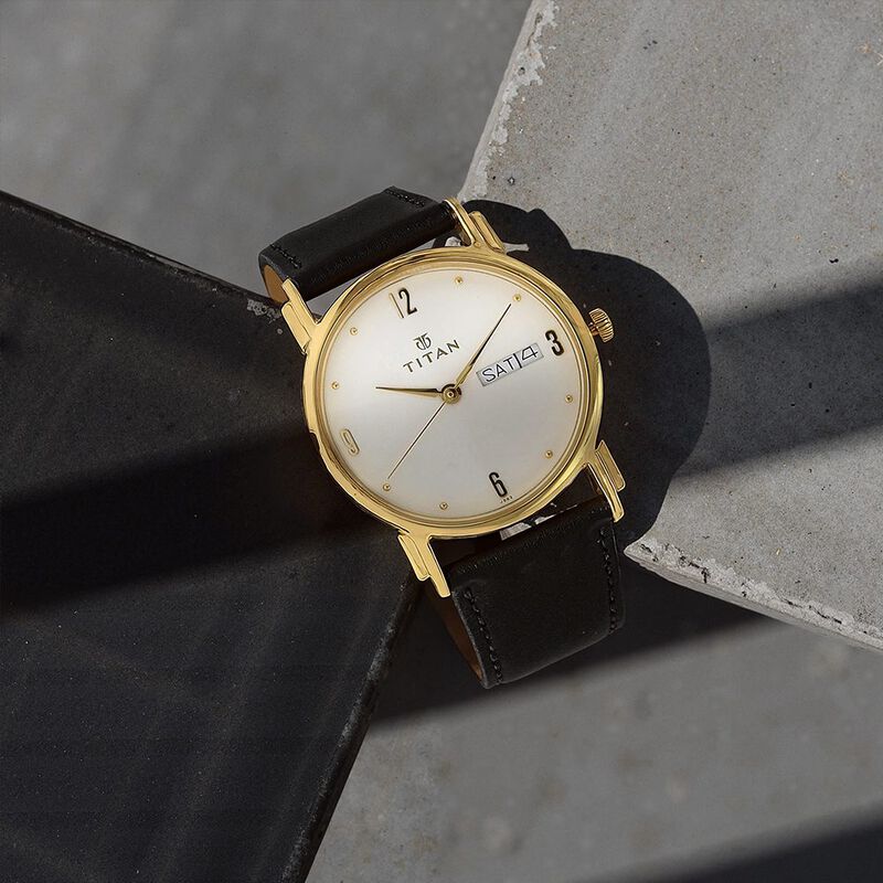 Titan White Dial Analog with Day and Date Leather Strap watch for Men - 32 mm Case Size - Small Dial