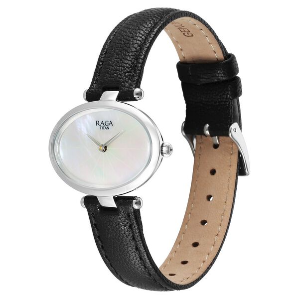 Titan Raga Silver Quartz Analog Mother Of Pearl Dial Sterling Silver Case With Black Color Leather Strap Watch For Women - image number 2
