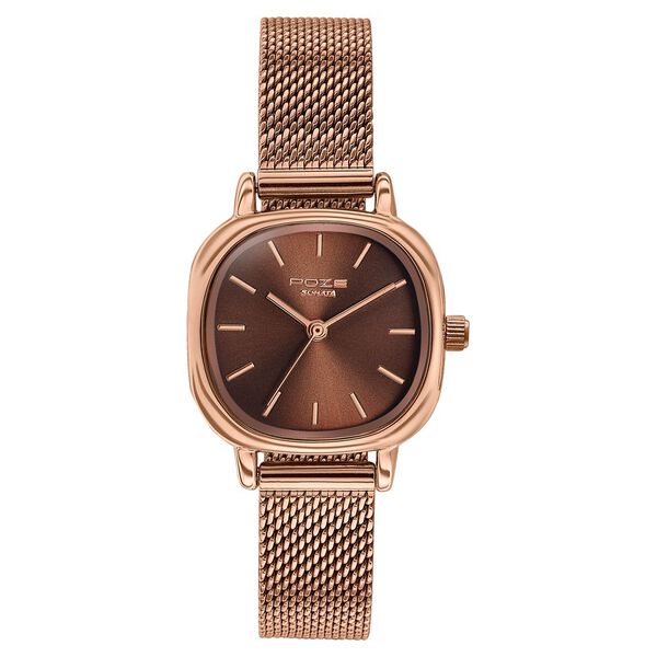 Poze By Sonata Quartz Analog Brown Dial Golden Metal Strap Watch For Women - image number 1
