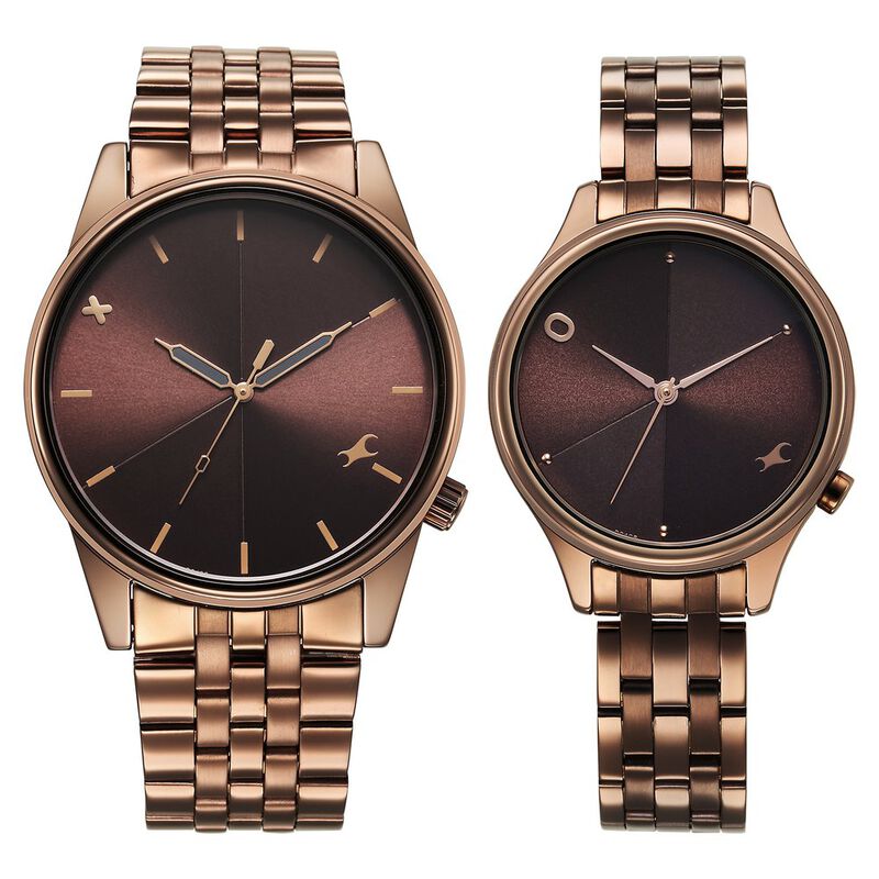 Fastrack Mixmatched Quartz Analog Brown Dial With Brown Metal Strap Watch For Couple
