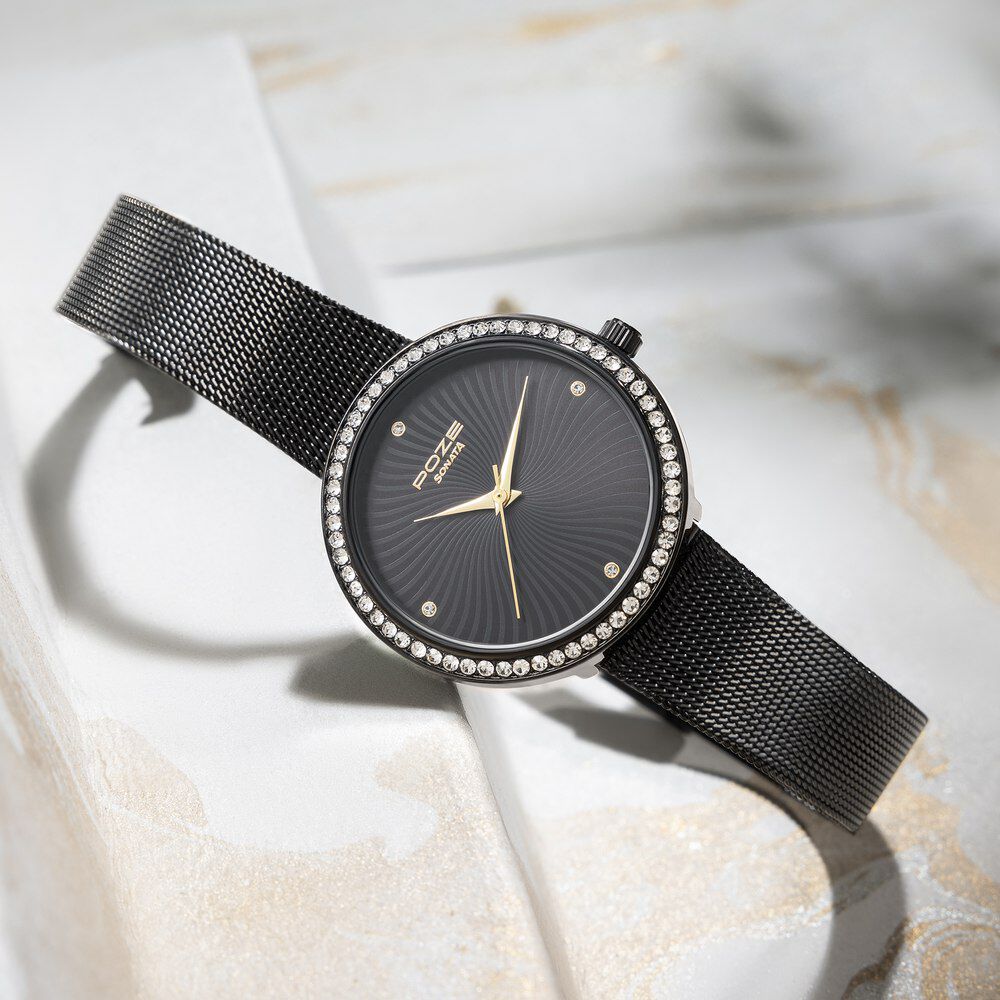 Sonata Poze Quartz Analog Black Dial Mesh Strap Watch for Women-image-37