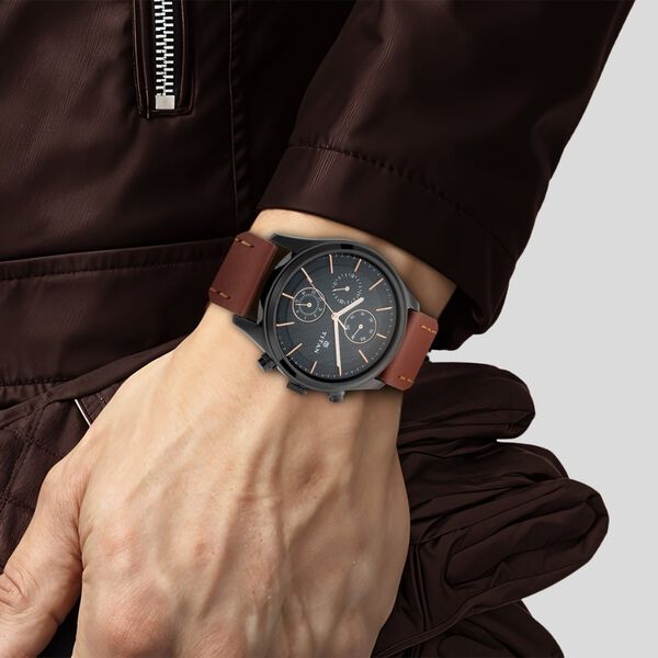 Buy Online Titan Workwear Multifunction Black Dial Brown Leather