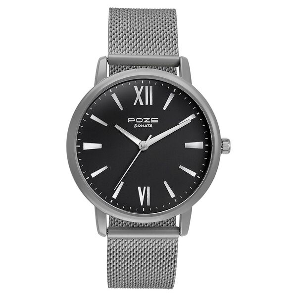Sonata Poze Quartz Analog Black Round Dial Grey Mesh Strap Watch For Men - image number 1