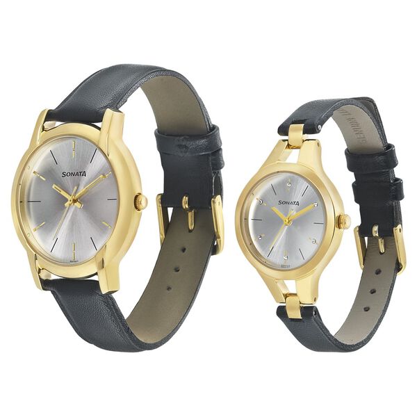 Sonata Quartz Analog Silver Dial Leather Strap Watch for Couple - image number 1