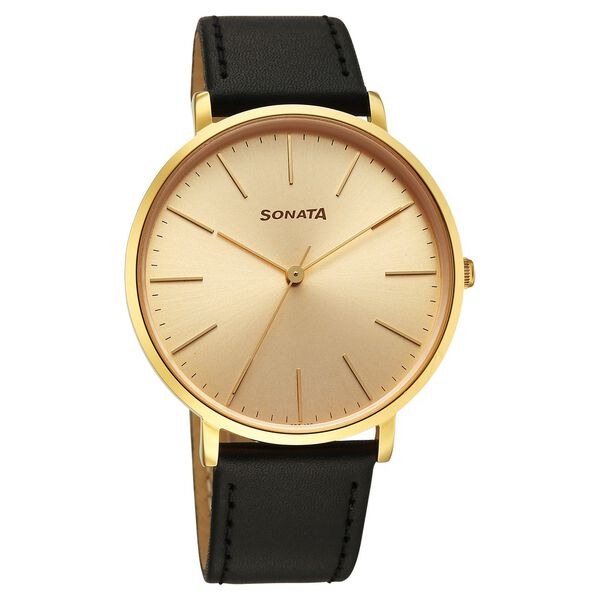 Sonata Traditional Essentials Quartz Analog Champagne Dial Black Leather Strap Watch For Men - image number 0